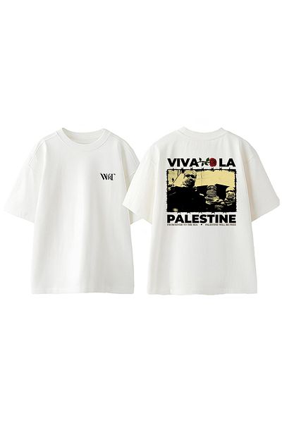 THEWERT Tricou oversize alb din bumbac cu imprimeu pe spate Vivala Palestine Design