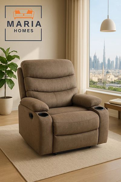 MARIA HOMES Brown Recliner Armchair with Cup Holders – Soft Fabric Lounge Chair for Living Room & Home Theater