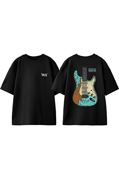 THEWERT Dizajn plave gitare Leđa Štampano Pamuk Crna Oversize kroj T-shirt