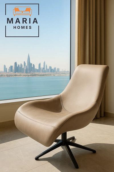 MARIA HOMES Modern Beige Curved Lounge Chair with Faux Leather – Stylish Accent Chair for Living Room or Office