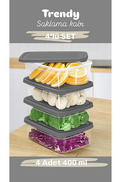 Doğuş Mutfak 4 Pieces Rectangular Food Storage Container - Microwave Suitable Organizer 400ml Gray