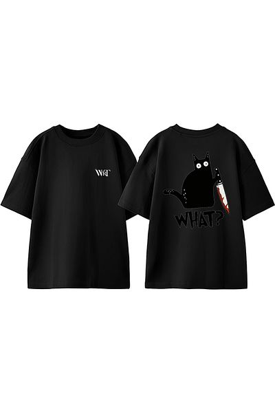 THEWERT Τι Cat Design Back Printed Βαμβακερό μαύρο μπλουζάκι Oversize