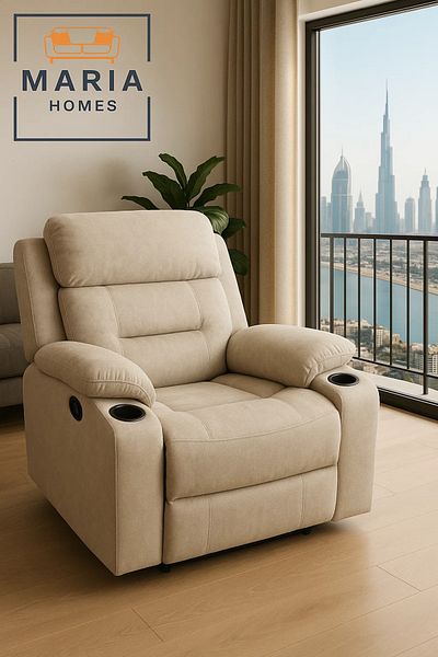 MARIA HOMES Beige Recliner Armchair with Cup Holders – Soft Fabric Reclining Chair for Living Room Relaxation