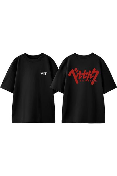 THEWERT Red Kanji Berserk Design Back Printed Cotton Black Oversize T-Shirt