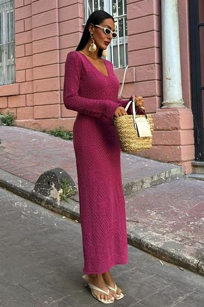 modaserdem Women's Floral Detailed Openwork Knitwear Summer-Comfortable-Daily Dress