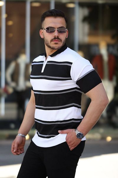 modaserdem Men's Collared Zippered Double Color Short Sleeve T-Shirt