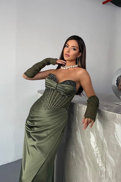 İyem Abiye Stylish Satin with Stones on the Chest and Sleeves Lace Transparent Stylish Evening Dress Full Mold