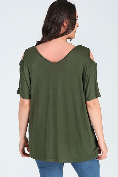 Curvy Trend Large Size Breathe Printed Shoulder V Window Short Sleeve Blouse