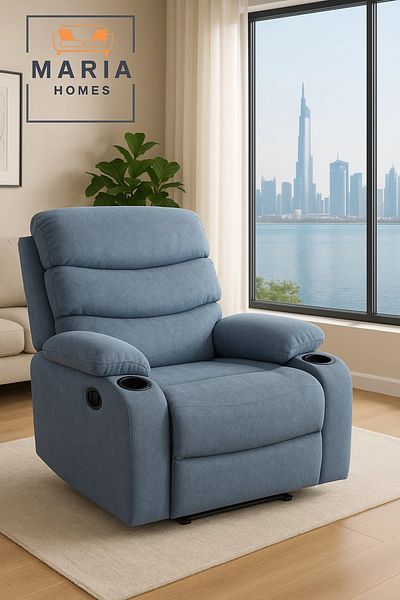 MARIA HOMES Blue Recliner Armchair with Dual Cup Holders – Plush Fabric Lounge Chair for Home & Cinema Use
