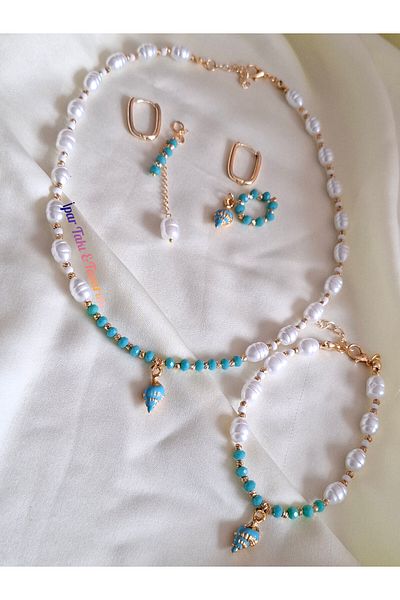 İPAR AKSESUAR Baroque Egg Pearl - Crystal Necklace Bracelet and Earring Set