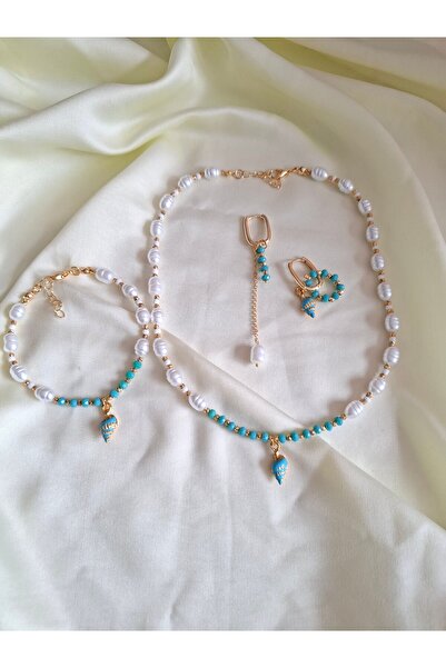 İPAR AKSESUAR Baroque Egg Pearl - Crystal Necklace Bracelet and Earring Set