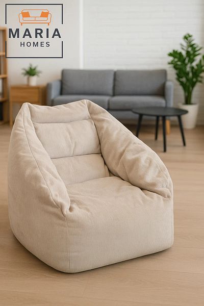 MARIA HOMES Beige Corduroy Bean Bag Chair – Large Floor Lounger with Back and Arm Support