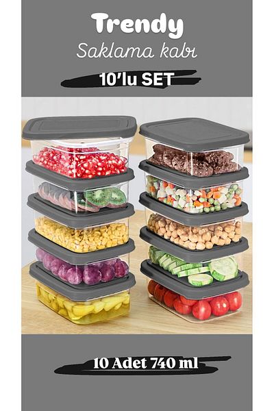 Doğuş Mutfak 10 Pieces Rectangular Food Storage Container - Microwave Safe Organizer Organizer 740 ml Gray