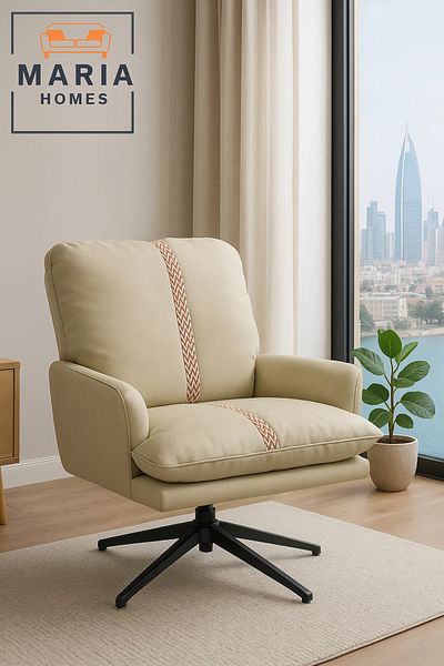 MARIA HOMES Contemporary Beige Lounge Chair with Red Pattern Stripe – Faux Leather Armchair for Living Spaces