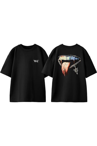 THEWERT Silver Lip Design Back Printed Cotton Black Oversize T-Shirt