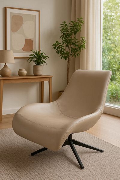 MARIA HOMES Modern Beige Curved Lounge Chair with Faux Leather – Stylish Accent Chair for Living Room or Office