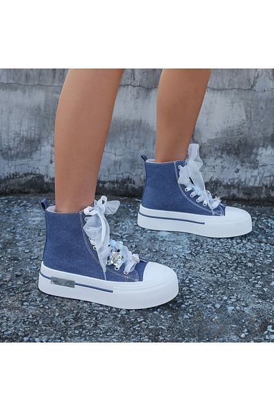 Seastar Women's High-top Sneakers Made Of Blue Denim With A Platform And Trendy Decorative Accessories