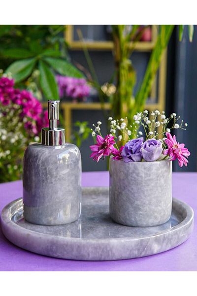 mar&more 3 Pieces Rolin Grey Marble Bathroom Set 3 Pieces - Silver Coral Grey Marble