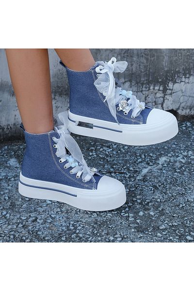Seastar Women's High-top Sneakers Made Of Blue Denim With A Platform And Trendy Decorative Accessories