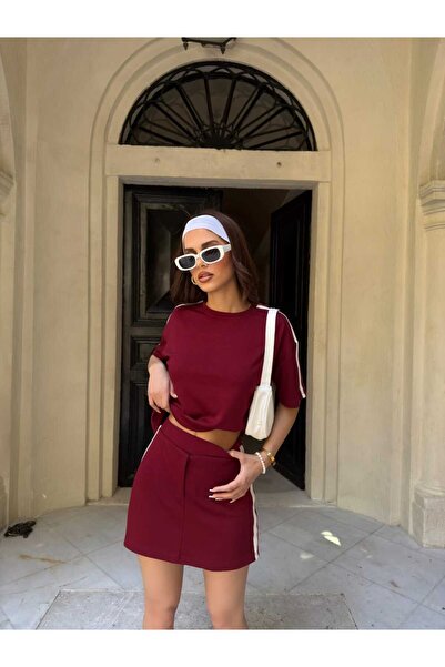 moda poni Stripe Detailed T-Shirt-Shorts Skirt Double Set