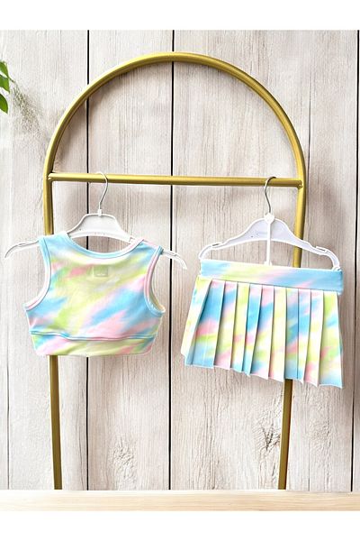 Lyrax Colorful Pleated Skirt 2-Piece Swimsuit with Shorts & Sports Tank Top
