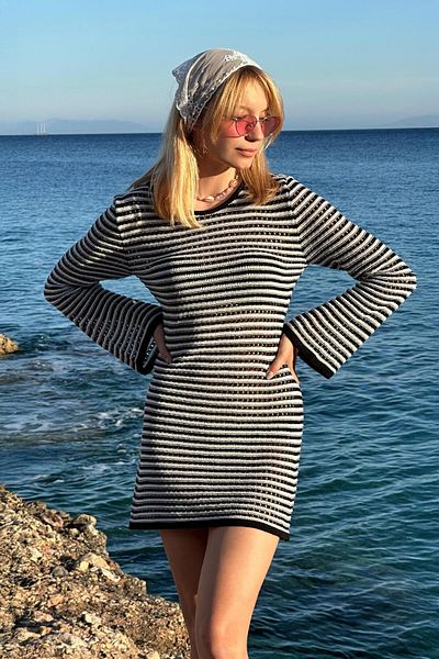 CHUBA Rochie de plajă mini tricotaj cu dungi ajurate spaniole pentru femei alb-negru 25S3024