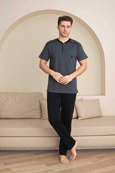 Tarık Men's Short Sleeve Button Collar Long Bottom Combed Fabric Medium Thick V-Neck Pajamas Set-5313
