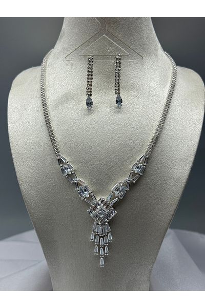 HADRA ACCESSORİES Square Model Stylish Zircon Waterway Evening Dress Necklace Earrings Bracelet Set Bridal Jewelry Set Engagement Set Wedding Set