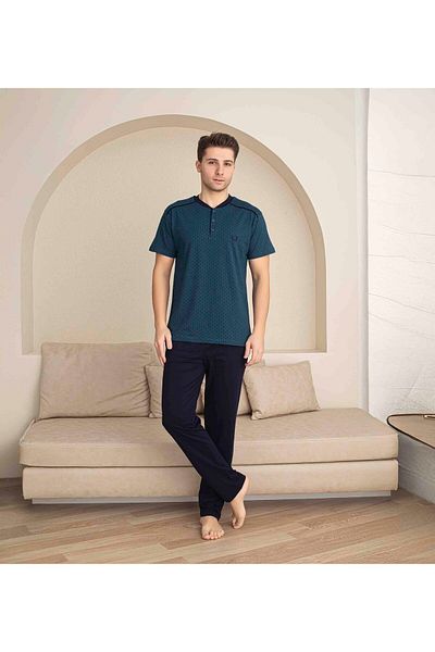 Tarık Men's Short Sleeve Button Collar Long Bottom Combed Fabric Medium Thick V-Neck Pajamas Set-5313
