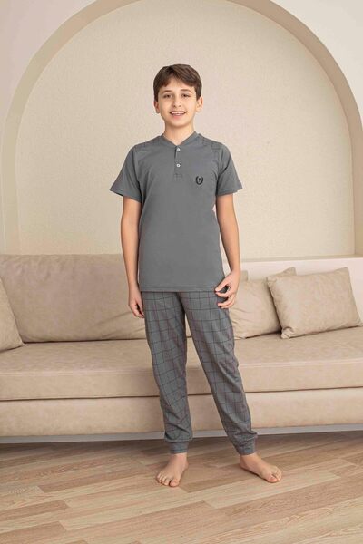 Tarık Father Son Combination Short Sleeve Buttoned Collar Long Bottom Combed Fabric Medium Thick V-Neck Pajamas Set
