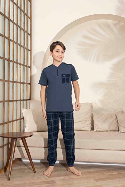 Tarık Батько і син комбінований короткий рукав картатий довгий низ трикотажна тканина середньої товщини V-подібний комір піжама комплект-3993