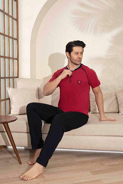 Tarık Men's Short Sleeve Button Collar Long Bottom Combed Fabric Medium Thick V-Neck Pajamas Set-5313