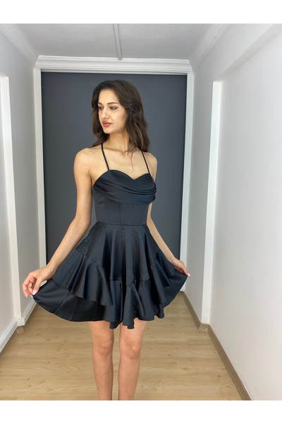 gökkuşagı moda Siyah Saten Sırtı Bağlamalı Kısa Abiye Elbise