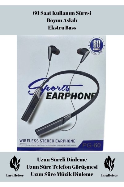 Laraheiser Premium 60 Saat Kablosuz Bluetooth Kulaklık Boyun Askılı Deri Ekstra Bass Sporcu