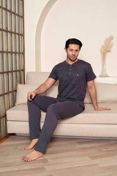 Tarık Men's Short Sleeve Button Collar Long Bottom Combed Fabric Medium Thick V-Neck Pajamas Set-5313