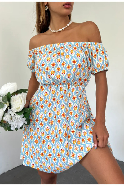 SWEATEE Women's Wrinkled Crinkle Fabric Madonna Collar Light Blue Mini Dress