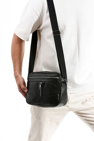 NahitaTyana Geantă de umăr orizontală pentru bărbați din piele naturală, geantă crossbody, cu curea reglabilă detașabilă, culoare neagră