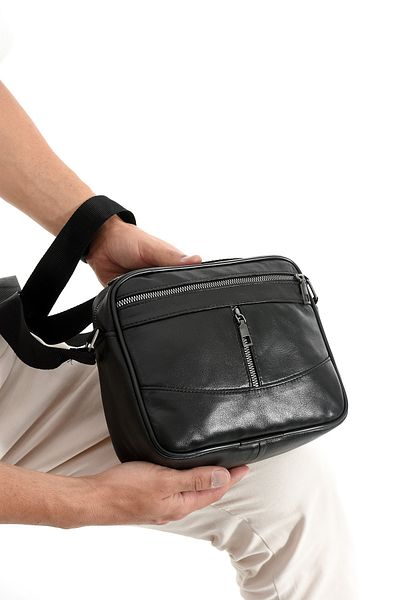 NahitaTyana Geantă de umăr orizontală pentru bărbați din piele naturală, geantă crossbody, cu curea reglabilă detașabilă, culoare neagră
