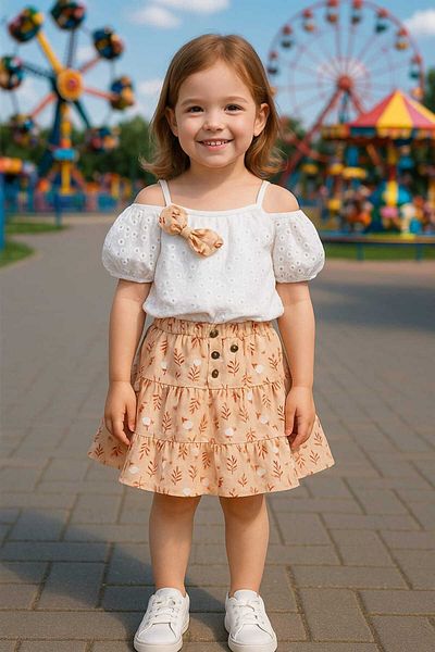 Midani Store 3 Piece Summer Girl's Suit White Lace Blouse Suspender Underwear Tank Top Floral Patterned Skirt Summer 2-5 Years