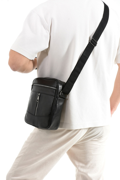 NahitaTyana Ανδρική τσάντα ώμου από γνήσιο δέρμα, τσάντα χιαστί, με αποσπώμενο ρυθμιζόμενο λουράκι, μαύρο χρώμα