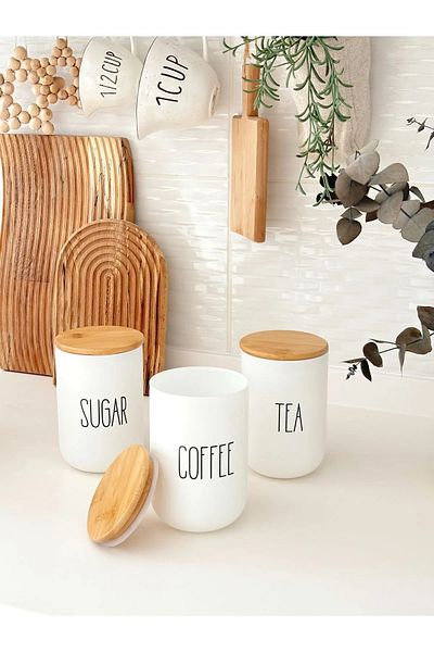 WWSHOP 3-Piece Wooden Vacuum Lid Acrylic Tea/Sugar/Coffe Jar with Transfer Label 900ml