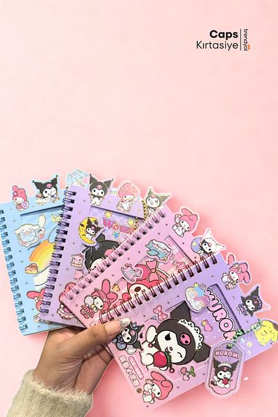 caps office 4Pcs with Keychain Kuromi My Melody Cinnamoroll Sticker + Notebook Set 16 Sheets Sticker 8 Sheets Note