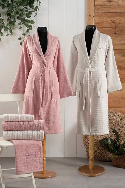 Pierre Cardin Dowry Patterned 100% Cotton 6-Piece Bathrobe Towel Set 2 Bathrobes & 2 Face Towels & 2 Bath Towels