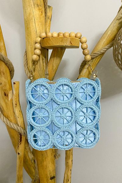 Mila Blue Straw Hand Knitted Ring Motif Lined Bag