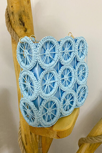 Mila Mavi Hasır El Örgüsü Halka Motifli Astarlı Çanta