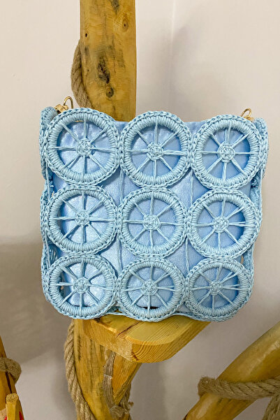 Mila Mavi Hasır El Örgüsü Halka Motifli Astarlı Çanta
