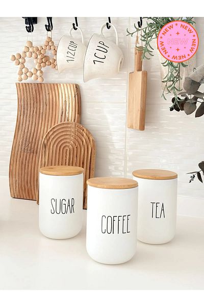 WWSHOP 3-Piece Wooden Vacuum Lid Acrylic Tea/Sugar/Coffe Jar with Transfer Label 900ml