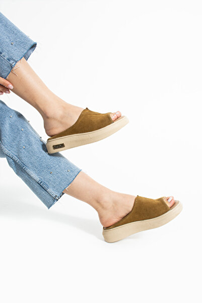 Polomia Comfort Aya Women's Genuine Leather Suede Cool Rubber Detail Comfort Lightweight Flexible Sole Comfortable Daily Sandals Slippers