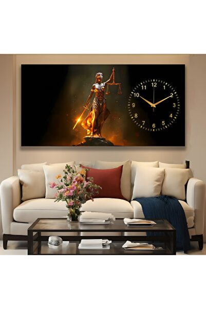 EMYA HOME Saatli Adalet Terazisi Panoramik Kanvas Tablo