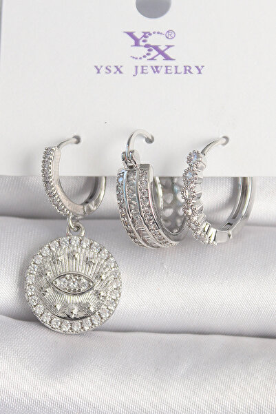 Skygo Brass Silver Color Zircon Stone Eye Embroidered Hoop Model 3-Piece Wome...
